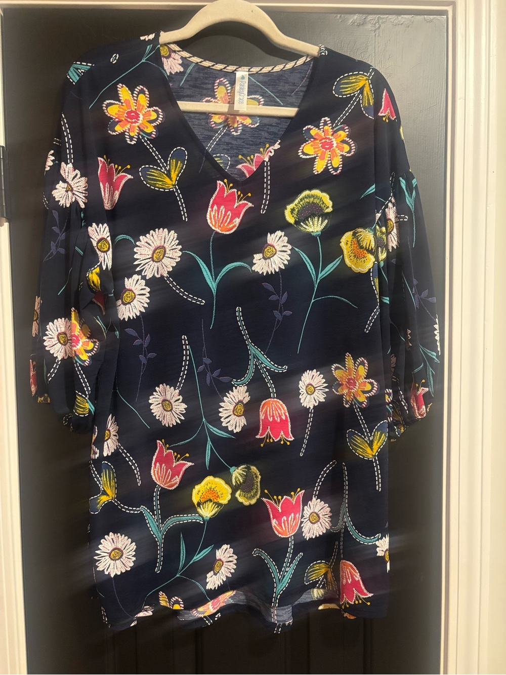 Women's Navy Floral V-Neck Tunic with Multi-Color Blooms
